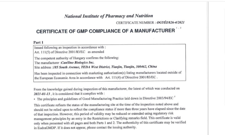 QiMingVenturePartners – CanSinoBIO Receives EU GMP Certificate: Company